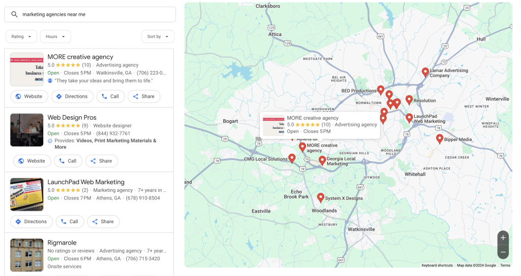 google map showing marketing agencies in athens, ga for local seo in athens, ga