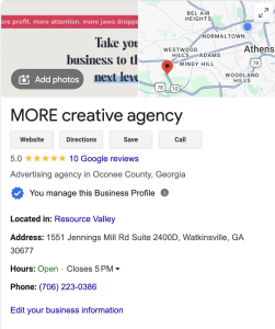 google business profile for MORE creative agency for local SEO in athens, ga